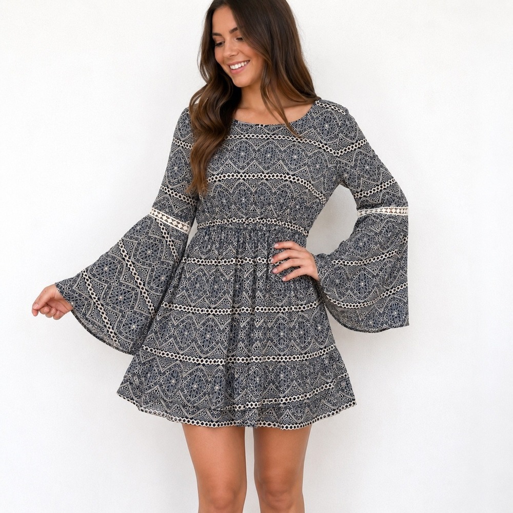 Bo Bel Navy Geometric Bell Sleeve Mini Dress Crochet Trim Boho Women Small